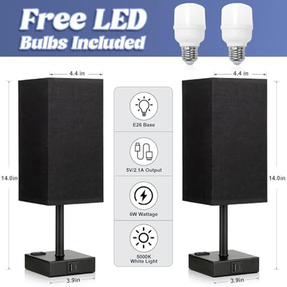 Set of 2 Black Table Lamp for Bedroom - Dimmable Touch, USB C+A, AC Outlet