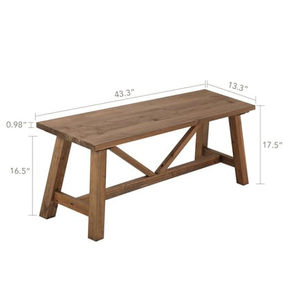 43" Farmhouse Solid Wood Bench, Narrow Long Seat, Natural
