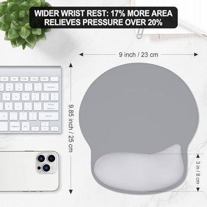 ITNRSIIET Ergonomic Mouse Pad with Wider Memory Foam Wrist Rest +17%, Curved Cushion Reduces Pressure 20%, Pain Relief, Non-Slip, Smooth, Cute Color Desk Accessory, 9.85 x 9 inch, Light Gray Accent