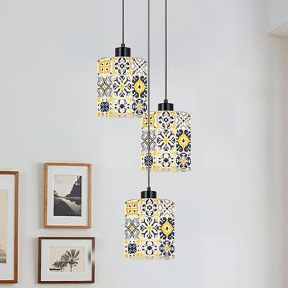 3 Pack Cylinder Glass Lamp Shade Set 16 tiles Azulejos blue gray yellow Original traditional Portuguese Covers with 1-5/8" Fitter Opening Light Fixture Replacement for Table Lamp Bathroom Vanity Light