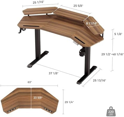 EUREKA ERGONOMIC Standing Gaming Desk with Dual Motor,63" Wing Shaped Computer Desk w Mouse Pad, Electric Adjustable Height Table w LED Monitor Stands,Slot Design,Walnut