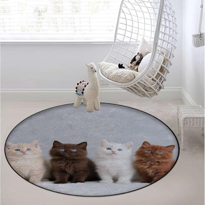 Four Kittens Blue Eyes Round Chair Mat, Portrait Cute Pet Anti-Slip Floor Protector for Gaming & Office Chairs, White Brown Diameter 59 in