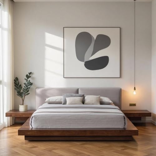 Eastern Queen Bed Frame, Solid Acacia Wood with American Walnut Finish, Low Profile King Platform Bed with Floating Nightstands and Headboard