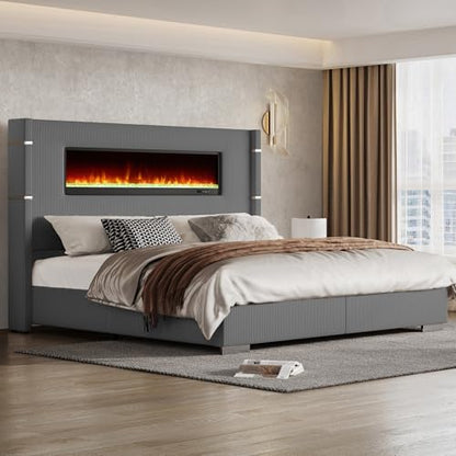 King Bed Frame with Fireplace, Upholstered Headboard, Dark Gray