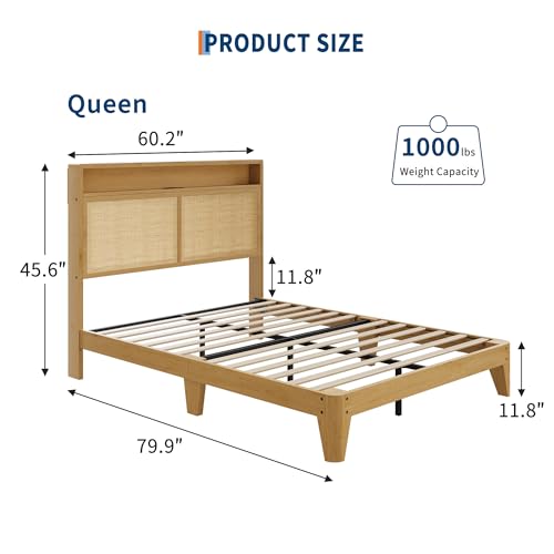 Queen Rattan Bed Charging Station LED Bohemian Bedroom