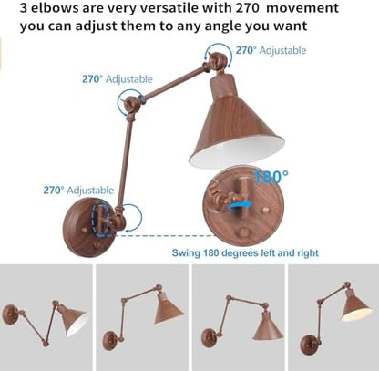 TRLIFE Plug in Wall Sconces, Dimmable Wall Sconces Set of 2 Plug in Swing Arm Wall Lights, Adjustable Wall Mounted Light Wall Lights with 6FT Plug in Cord, E26 Base(Two Arms, Walnut Color)