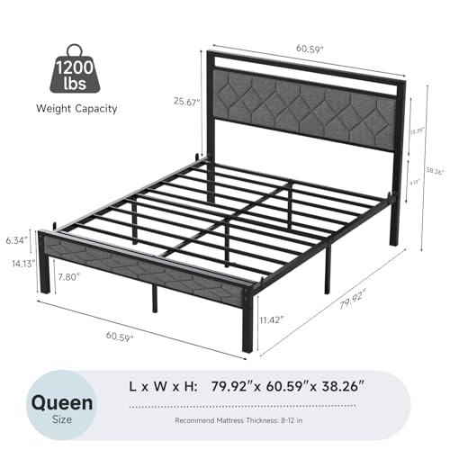Easy Assembly Upholstered Queen Bed Frame&Soft Padded Headboard