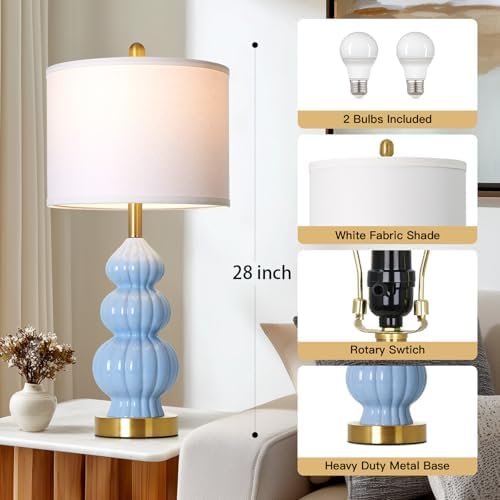Rinweey Blue Ceramic Lamps Set of 2, 26.5" Modern Table Lamps for Living Room, Classic Bedside Lamp with Triple Gourd, Elegant Bedroom Lamp for Night Stand Desk Side End Table Home Decor