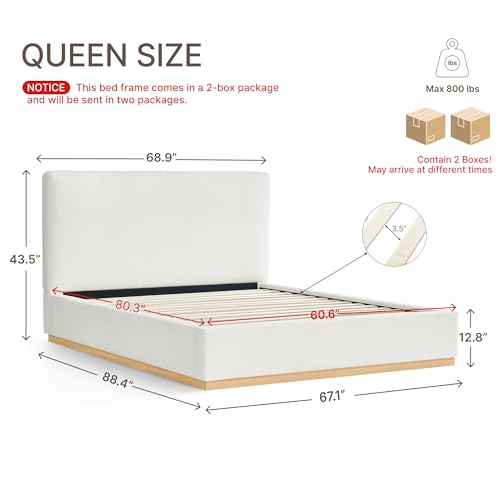 Upholstered Queen Size Bed Frame, Boucle Fabric Platform Bed Mattress Foundation Noise-Free No Box Spring Needed Easy Assembly