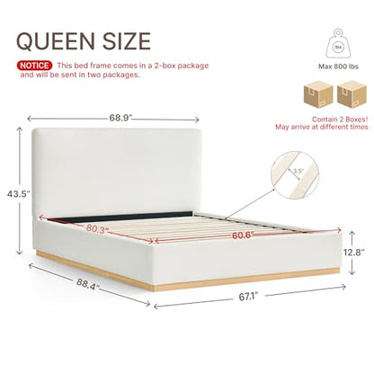 Upholstered Queen Size Bed Frame, Boucle Fabric Platform Bed Mattress Foundation Noise-Free No Box Spring Needed Easy Assembly
