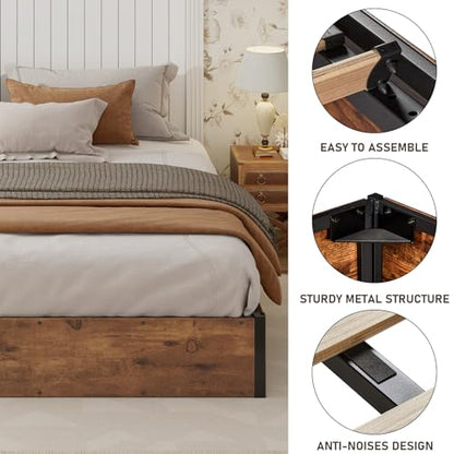 King Size Bed Frame with Lift Up Storage, Rustic Brown