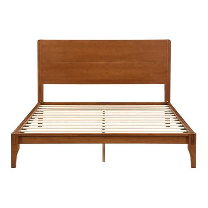 Queen Bamboo Platform Bed Frame with Tall Headboard, Warm Brown