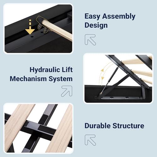 Full Lift Up Storage Hydraulic Bed Frame,Charging Station,Black