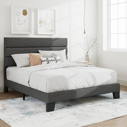 Full Platform Bed Frame with Upholstered Fabric Headboard, Grey