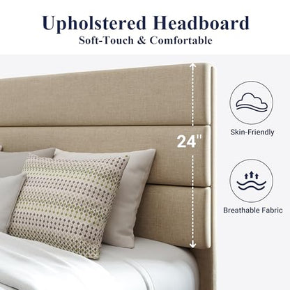 Queen Size Platform Bed Frame with Fabric Upholstered Headboard
