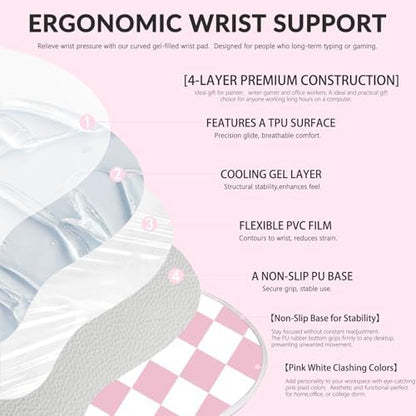 Gel Mouse Pad with Wrist Rest for Mouse Ergonomic Mouse Wrist Rest Non-Slip Silicone Checkered Mousepad with Wrist Support for Computer Desk Gaming Laptop Home Office Desk Accessories Pink Plaid