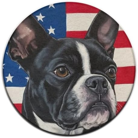 Room Sofa Yoga Soft Round Carpet, Home Decor Non Slip Kitchen Office Circle Rug, Machine Washable Modern Round Area Rug American US Flag Boston Terrier, 24inch
