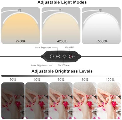 Professional Half Moon LED Desk Light for Nail Techs & Artists – Flexible Gooseneck Lamp with Clamp, 5 Color Modes & 5 Brightness Levels for Manicure, Tattoo, Beauty Work