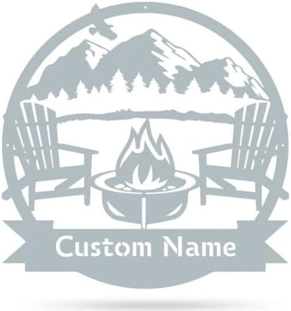 RealSteel Personalized Mountain Campfire Monogram Metal Sign – Custom Family Name Rustic Wall Art for Cabin, Campground, RV & Backyard Fire Pit – Outdoor Camping Décor – Unique Personalized Gift – USA