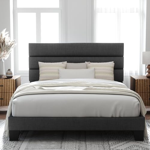 Full Size Platform Bed Frame with Fabric Upholstered Headboard Gray