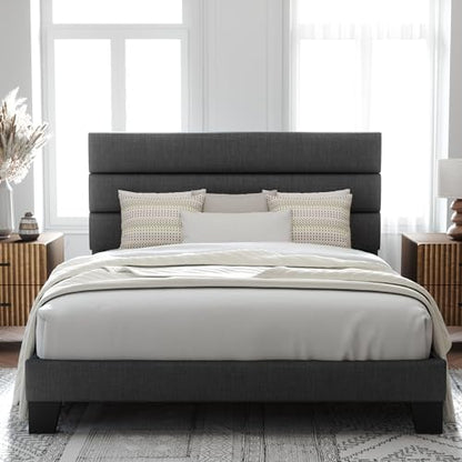 Full Size Platform Bed Frame with Fabric Upholstered Headboard Gray