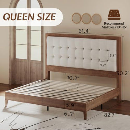 Queen Bed Frame Solid Wood,50" Tall Upholstered Headboard,Walnut