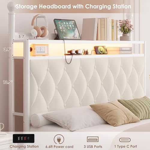Full Size LED Canopy Bed Frame with Storage & Charging Station, Beige