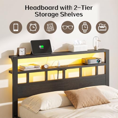 Full Size Bed Frame with Charging Station and LED