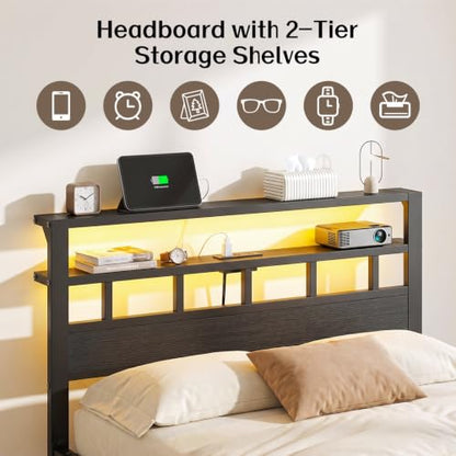 Full Size Bed Frame with Charging Station and LED
