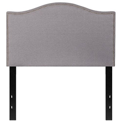 Upholstered Twin Size Headboard with Nailtrim in Light Gray Fabric