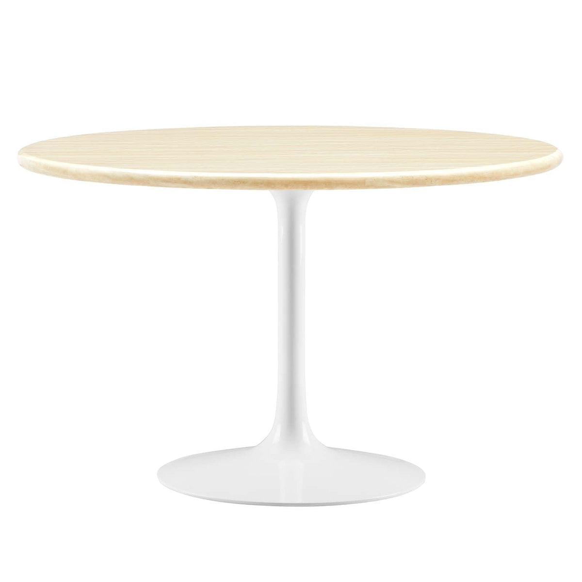 48" Round Artificial Dining Table with Tapered, Metal Base, White Travertine