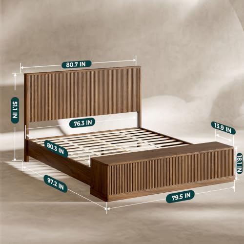 Fluted Walnut King Bed Frame with 51'' Headboard & Storage Bench