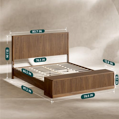 Fluted Walnut King Bed Frame with 51'' Headboard & Storage Bench