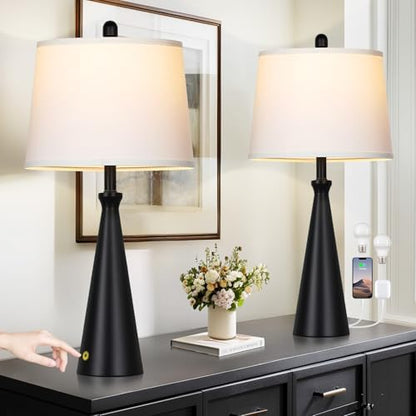 Rinweey 28" Black Table Lamps Set of 2, Touch Control Tall Living Room Lamp with USB A+C Ports,3-Way Dimmable Bedside Lamps for Nightstand,Modern Metal Bedroom Lamp,2 Bulbs Included