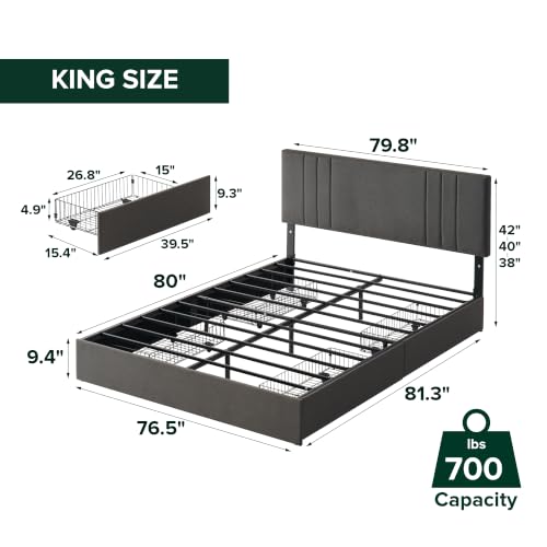 Zinus Billie Platform Bed Frame, Four Underbed Storage Drawers, King