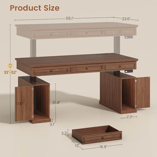 55.1" Farmhouse Executive Electric Standing Desk with 3 Drawers