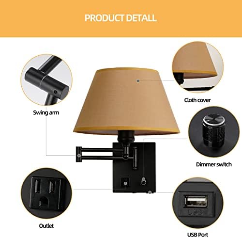 Swing Arm Wall Sconces, Plug-in Wall lamp,Bedroom Wall lamp ， White Fabric Shade with dimmable Switch and USB Charging Port,Suitable for Bedside,Living Room,Reading (Black. Gold Shadow)