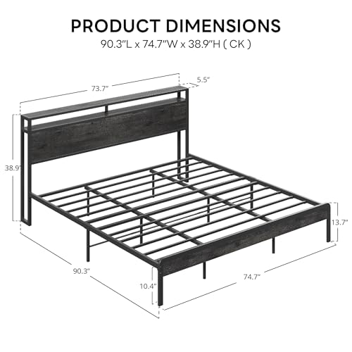 California King Bed Frames with 2-Tier Storage Shelf Headboard