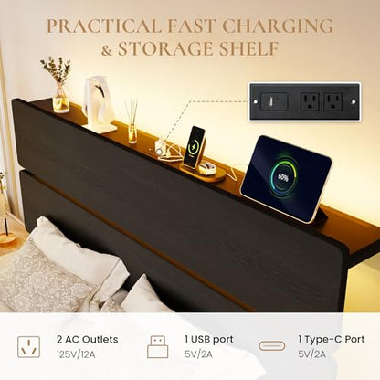 Queen Size Bed Frame, Led Light, Charging Station, Storage Shelf