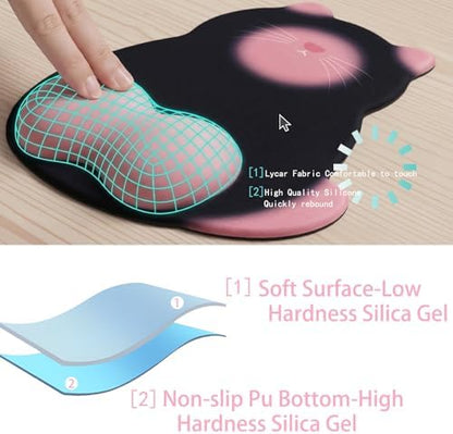 Gel Mouse Pad with Wrist Rest for Mouse Ergonomic Cat Mouse Wrist Rest Non-Slip Silicone Cute Mousepad with Wrist Support for Computer Desk Gaming Laptop Home Office Desk Accessories Black Pink