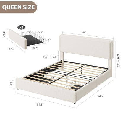 Queen Size Bed Frame with 2 Storage Drawer, Cream Beige