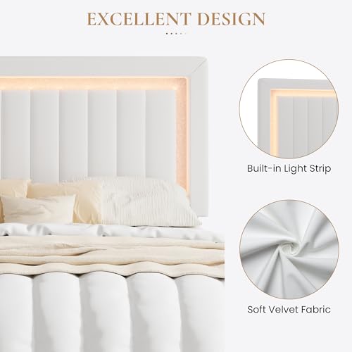 Full Size Velvet Bed Frame with LED Light, White