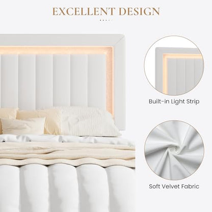 Full Size Velvet Bed Frame with LED Light, White