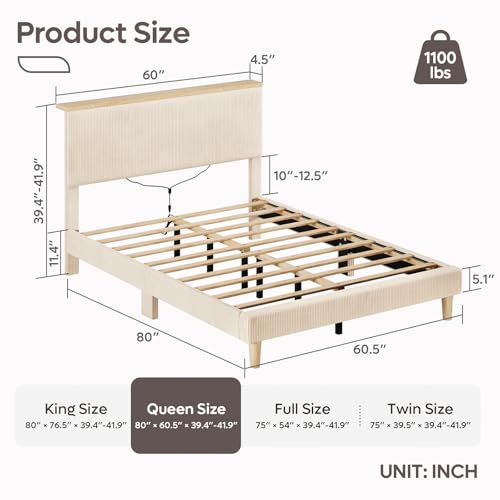 Queen Bed Frame with Storage Headboard & LED, Upholstered, Beige