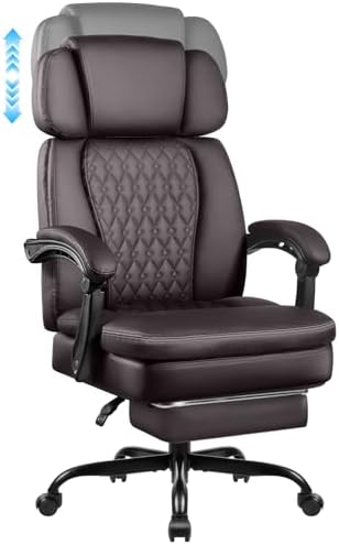 LEMBERI 400lbs Executive Office Chair with Foot Rest, Ergonomic Heavy Duty Big and Tall Desk Chair with Adjustable Headrest, High Back PU Leather Comfy Computer Chairs for Long Hours (Brown)