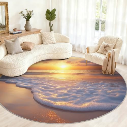 Coastal Round Rug - 8ft Washable Ocean Theme Round Area Rug for Living Room, Marine Landscape Circle Rugs Soft Non-Slip Carpet for Bedroom Dining Table Coffee Table Decor Mat