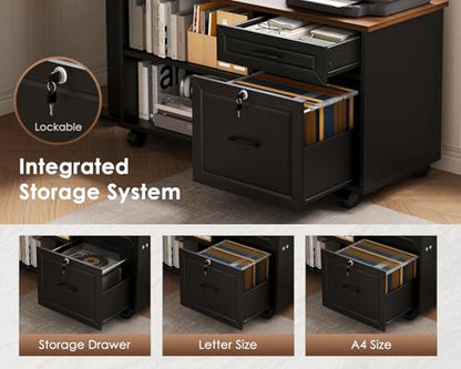 55" L Shaped Electric Standing Desk with Cabinet Sets, Walnut/Black