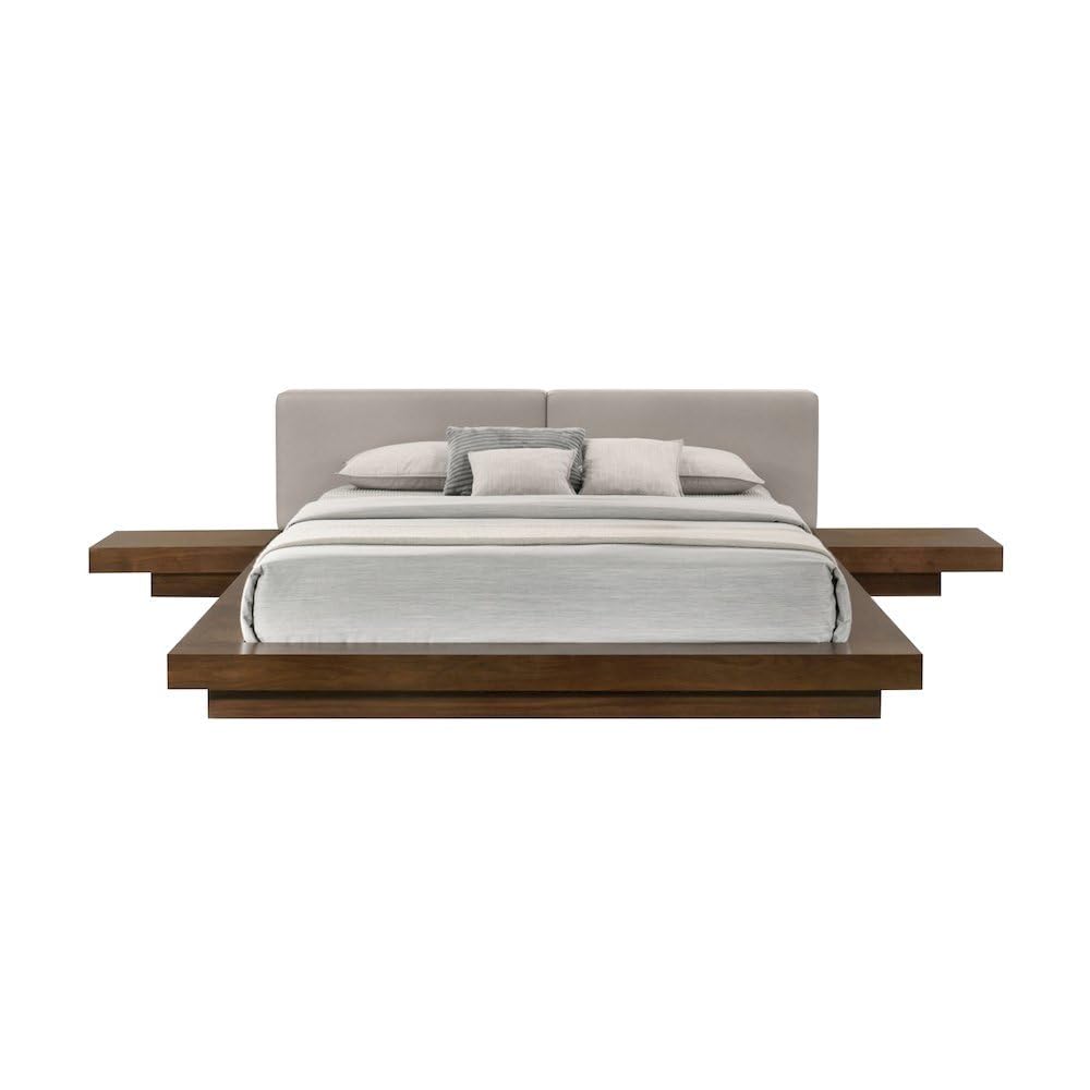 Eastern Queen Bed Frame, Solid Acacia Wood with American Walnut Finish, Low Profile King Platform Bed with Floating Nightstands and Headboard