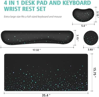 Desk Mat for Keyboard and Mouse,4in1 XXL Mousepad + Keyboard Wrist Rest+Mouse Wrist Rest+Coaster Set with Ergonomic Desk Pad for Home Office(Black Bluestar)