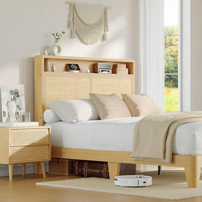 Queen Rattan Bed Charging Station LED Bohemian Bedroom